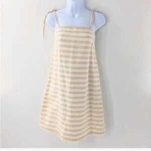 J.Crew dress linen cotton striped tie strap pom pom fringe beige white